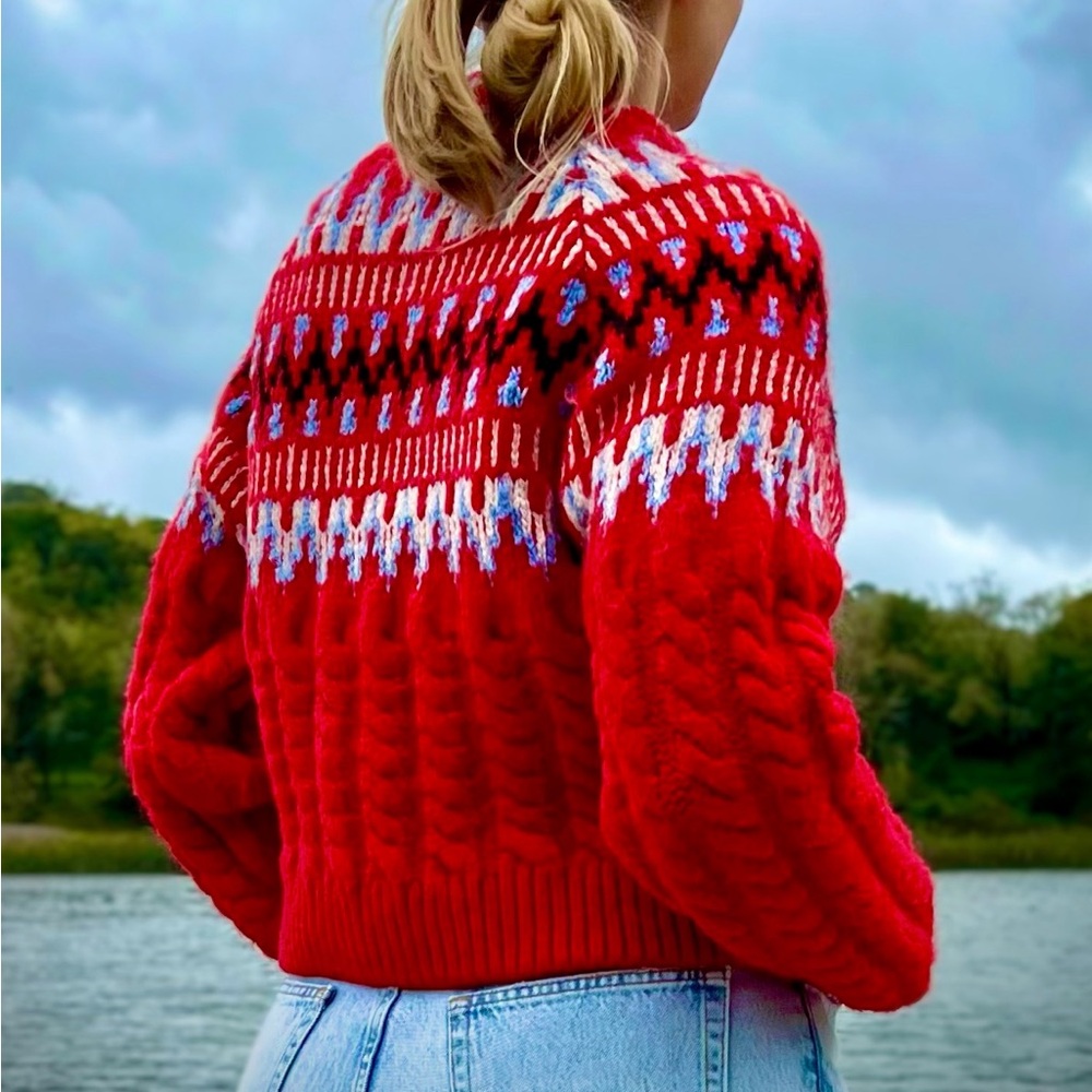 Zara Red Fair Isle Cable Knit Jacquard Sweater Nordic Women M
